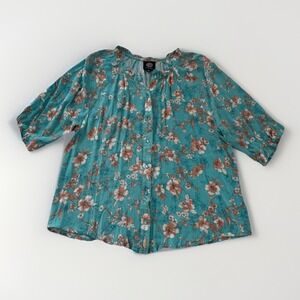 Bobeau Women's XL Floral Peasant Blouse Turquoise Rayon Flowy